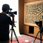 **

A dynamic scene showing a professional videographer filming with high-end equipment. The focus is on the interplay of light and shadow, highlighting the equipment and the subject being filmed. The scene should evoke a sense of high production value and attention to detail in capturing the perfect shot. Subtle Arabic calligraphy elements in the background would enrich the context.

**