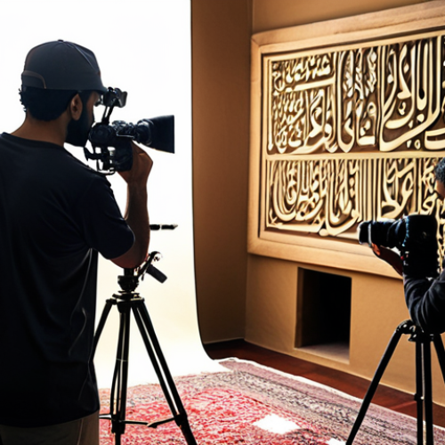 Home 22 **
A dynamic scene showing a professional videographer filming with high-end equipment. The focus is on the interplay of light and shadow, highlighting the equipment and the subject being filmed. The scene should evoke a sense of high production value and attention to detail in capturing the perfect shot. Subtle Arabic calligraphy elements in the background would enrich the context.
**
