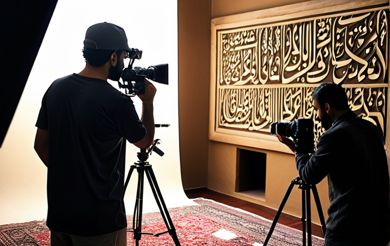 **

A dynamic scene showing a professional videographer filming with high-end equipment. The focus is on the interplay of light and shadow, highlighting the equipment and the subject being filmed. The scene should evoke a sense of high production value and attention to detail in capturing the perfect shot. Subtle Arabic calligraphy elements in the background would enrich the context.

**