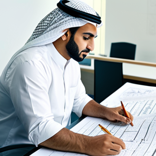 Home 11 **Subject:** A successful Arab architect, fully clothed in professional attire, reviewing blueprints in a modern office overlooking Dubai. **Environment:** Clean, well-lit office with Arabic calligraphy art on the walls. **Style:** Professional, modern, family-friendly, safe for work, appropriate content, perfect anatomy, correct proportions, natural pose, well-formed hands, proper finger count, natural body proportions.
