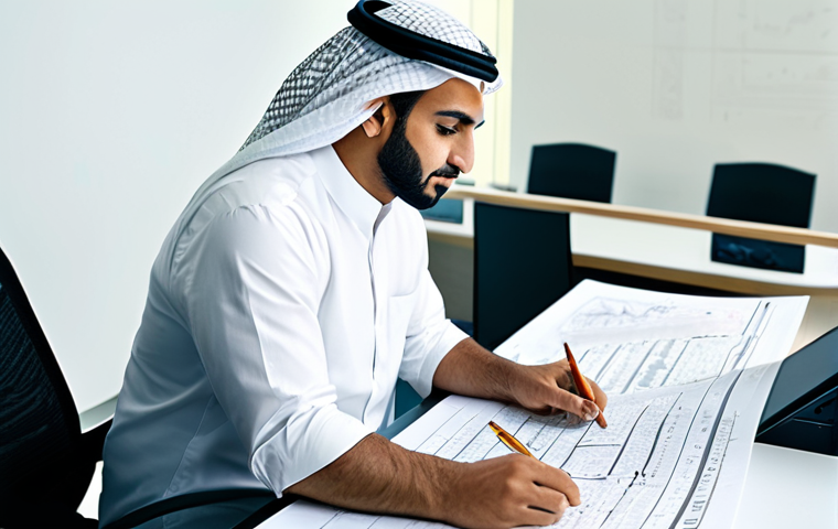 **Subject:** A successful Arab architect, fully clothed in professional attire, reviewing blueprints in a modern office overlooking Dubai. **Environment:** Clean, well-lit office with Arabic calligraphy art on the walls. **Style:** Professional, modern, family-friendly, safe for work, appropriate content, perfect anatomy, correct proportions, natural pose, well-formed hands, proper finger count, natural body proportions.