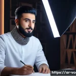 영상콘텐츠 제작에서 실수하지 않는 방법 - A professional Arabic-speaking content creator in a cozy home studio setting, using a modern DSLR ca...