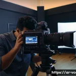 영상콘텐츠 전문가 실기 시험 준비 방법 - A professional Arab male videographer in his 30s, wearing casual modern clothing and a camera harnes...