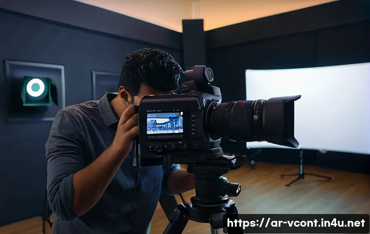 영상콘텐츠 전문가 실기 시험 준비 방법 - A professional Arab male videographer in his 30s, wearing casual modern clothing and a camera harnes...