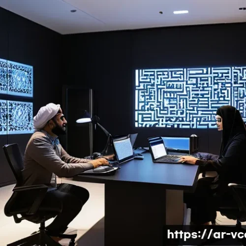 영상콘텐츠 전문가로서 가져야 할 핵심 역량 - A modern video production studio scene focused on a diverse Arab creative team collaborating intense...