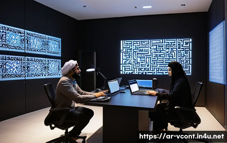 영상콘텐츠 전문가로서 가져야 할 핵심 역량 - A modern video production studio scene focused on a diverse Arab creative team collaborating intense...