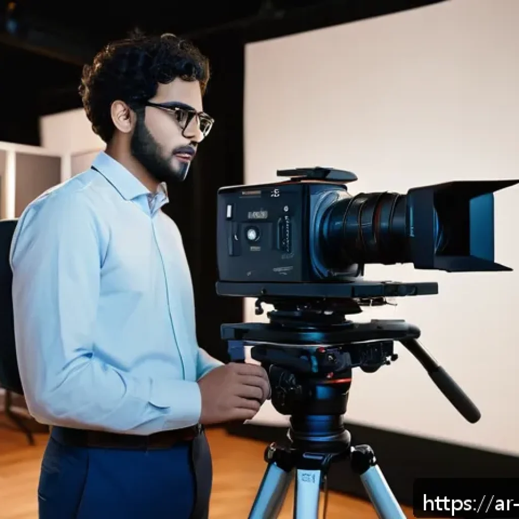 영상콘텐츠 제작 관련 인턴십 경험 활용법 - A young Arab male trainee wearing modest professional attire and glasses, operating a high-end digit...