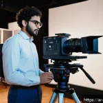 영상콘텐츠 제작 관련 인턴십 경험 활용법 - A young Arab male trainee wearing modest professional attire and glasses, operating a high-end digit...
