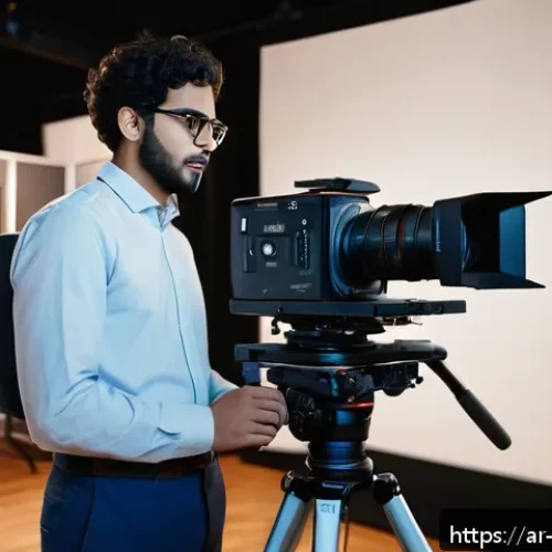 영상콘텐츠 제작 관련 인턴십 경험 활용법 - A young Arab male trainee wearing modest professional attire and glasses, operating a high-end digit...
