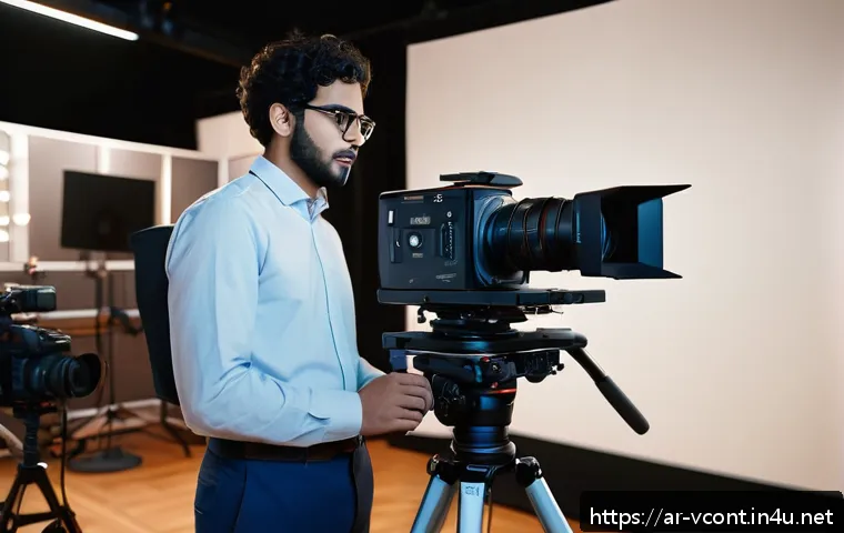 영상콘텐츠 제작 관련 인턴십 경험 활용법 - A young Arab male trainee wearing modest professional attire and glasses, operating a high-end digit...