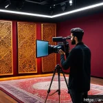 영상콘텐츠 전문가의 업무 사례 공유 - A visually rich studio scene capturing an Arab content creator filming with a high-resolution 4K cam...
