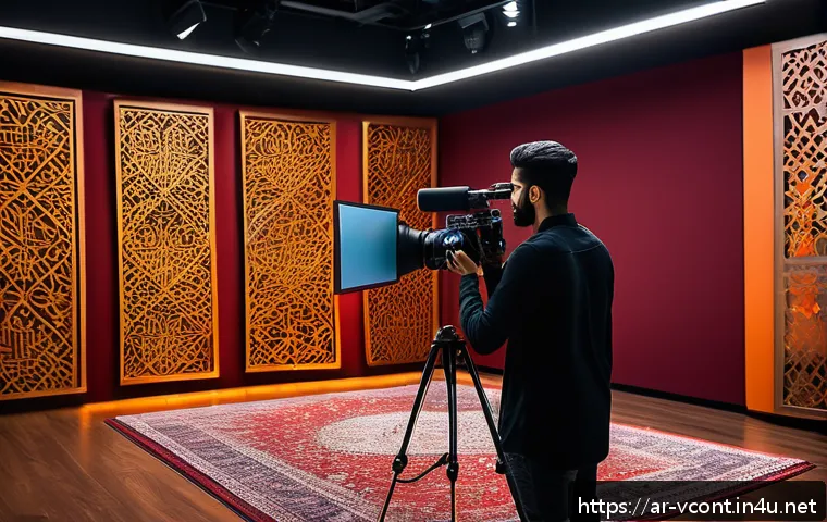 영상콘텐츠 전문가의 업무 사례 공유 - A visually rich studio scene capturing an Arab content creator filming with a high-resolution 4K cam...