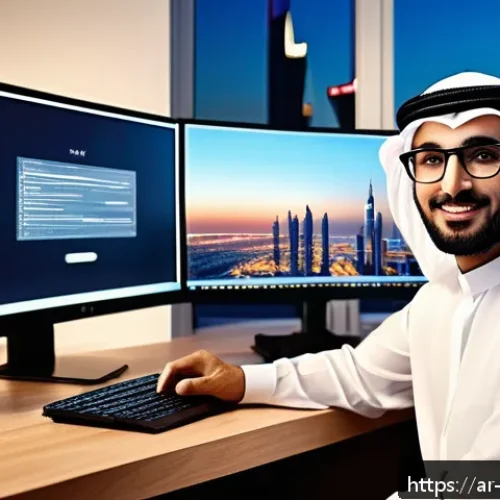 영상콘텐츠 전문가를 위한 디지털 마케팅 트렌드 - A modern Arab content creator sitting at a sleek desk with dual monitors showing video editing softw...