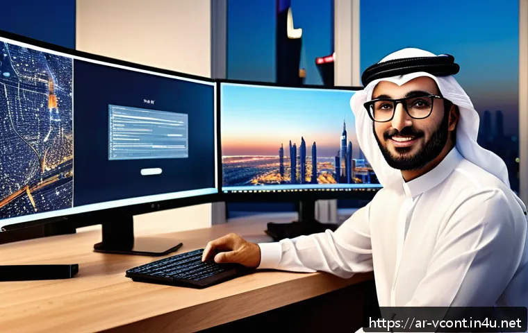 영상콘텐츠 전문가를 위한 디지털 마케팅 트렌드 - A modern Arab content creator sitting at a sleek desk with dual monitors showing video editing softw...