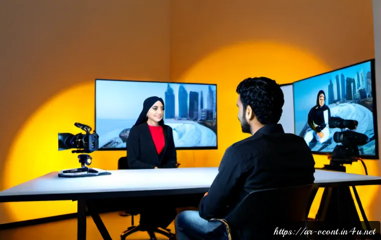 영상콘텐츠 전문가의 교육 및 멘토링 사례 - Photorealistic video content expert mentoring a young Arab creator in a modern Gulf-style media stud...