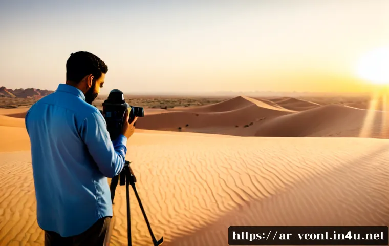 영상콘텐츠 제작에서 드론 사용법과 규제 - Photorealistic wide shot of an Arab video production crew filming a serene desert heritage landscape...